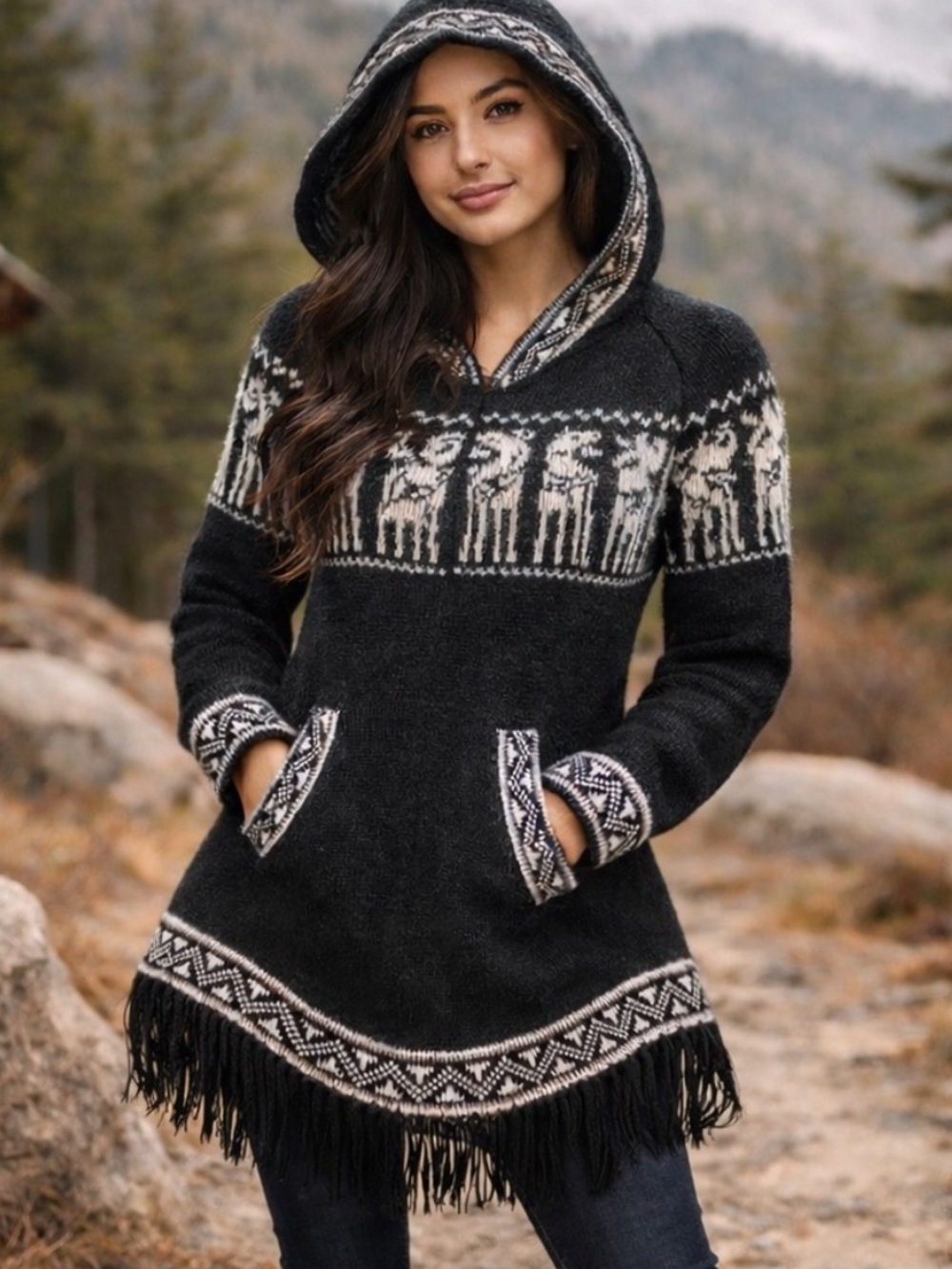 Peruvian alpaca wool hooded sweater with a llama design small